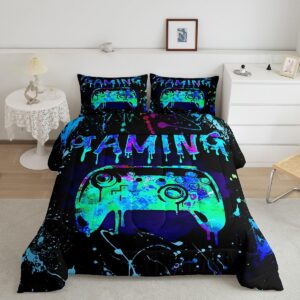 erosebridal twin gamer bedding sets for boys gaming comforter sets for boys girls teens video gamer room decor,gamepad controller gamer comforter set black teal blue tie dye bed set 2pcs