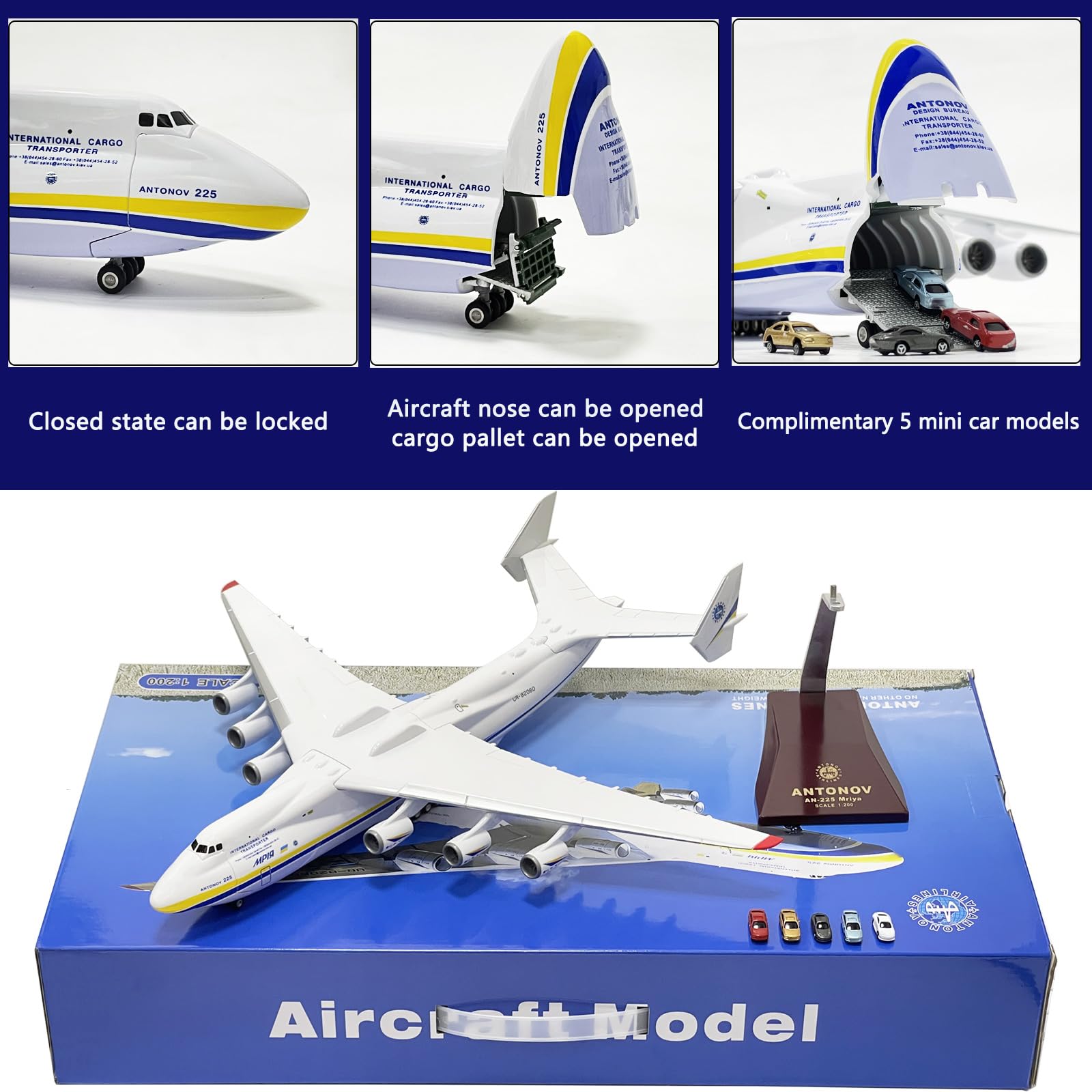 An-225 Aircraft Model 1:200 Scale 16.5” Replica Ukrainian Transport Plane An225 Model Plane Aircraft Model Cabin Can Open Children's Birthday Gift Resin Collectible Figurine