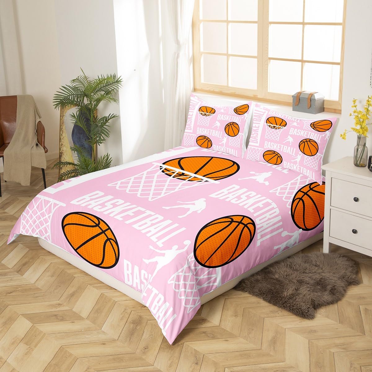 Feelyou Basketball Bedding Set Queen Basketball Lover Comforter Cover Set for Kids Teens Adults Pink Duvet Cover Sport Bedspread Cover Room Decor 3Pcs with 2 Pillow Case