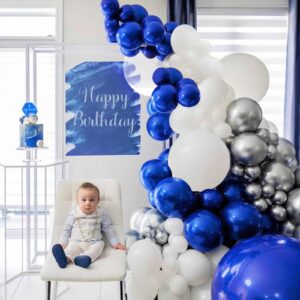 INFLORAL Winter Christmas Wonderland Party Royal Blue Silver and White Balloon Arch Kit Latex Balloon Garland Kit for Birthday Baby Shower Father's Day Graduation Party and Theme Party