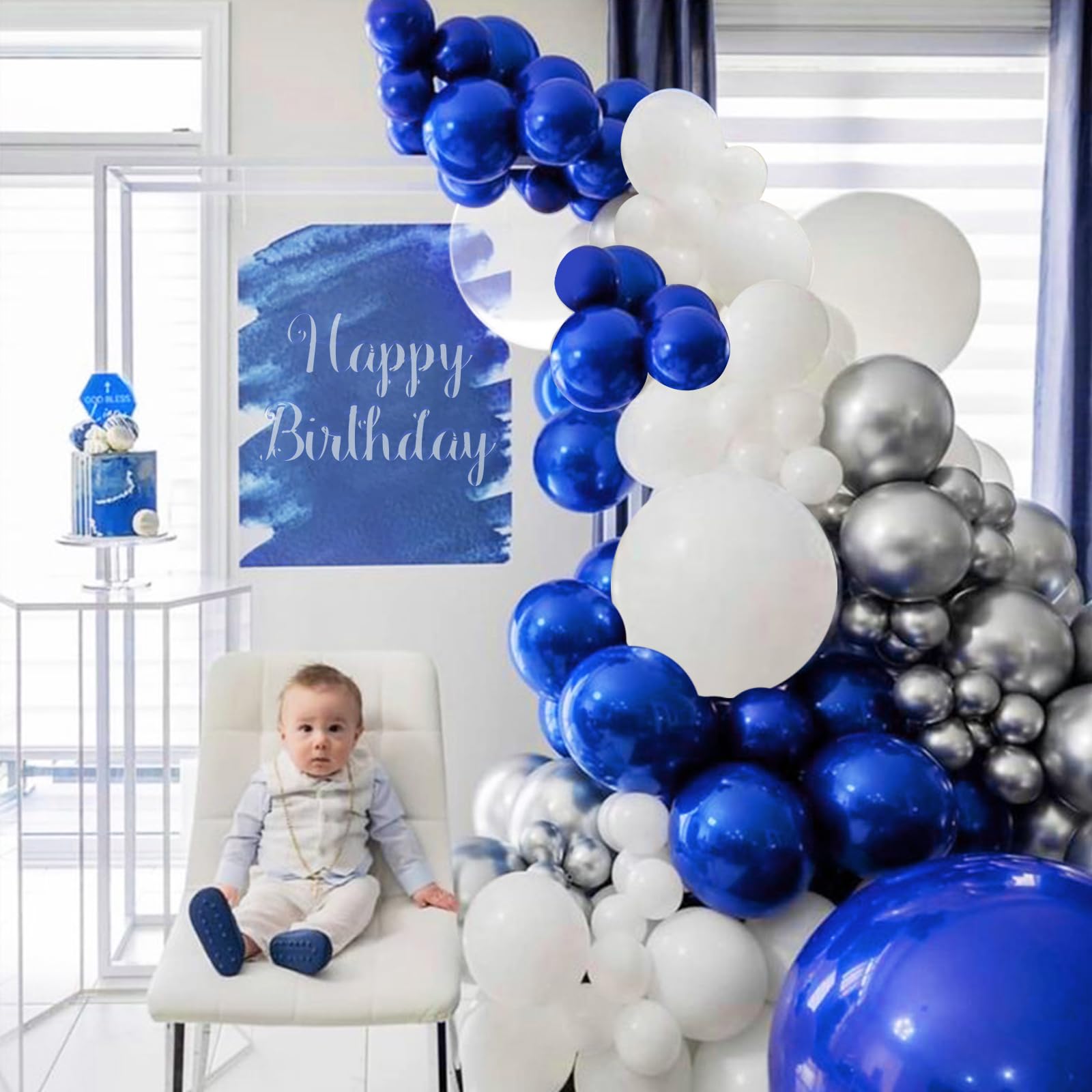 INFLORAL Winter Christmas Wonderland Party Royal Blue Silver and White Balloon Arch Kit Latex Balloon Garland Kit for Birthday Baby Shower Father's Day Graduation Party and Theme Party