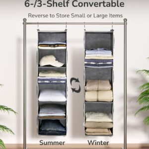 ULG 1 PC Hanging Closet Organizer, 3-in-1 to 6-in-1 Reversible Closet Hanging Shelves with 6 Side Pockets for Wardrobe Clothes Sweater Storage, Foldable, Dark Gray