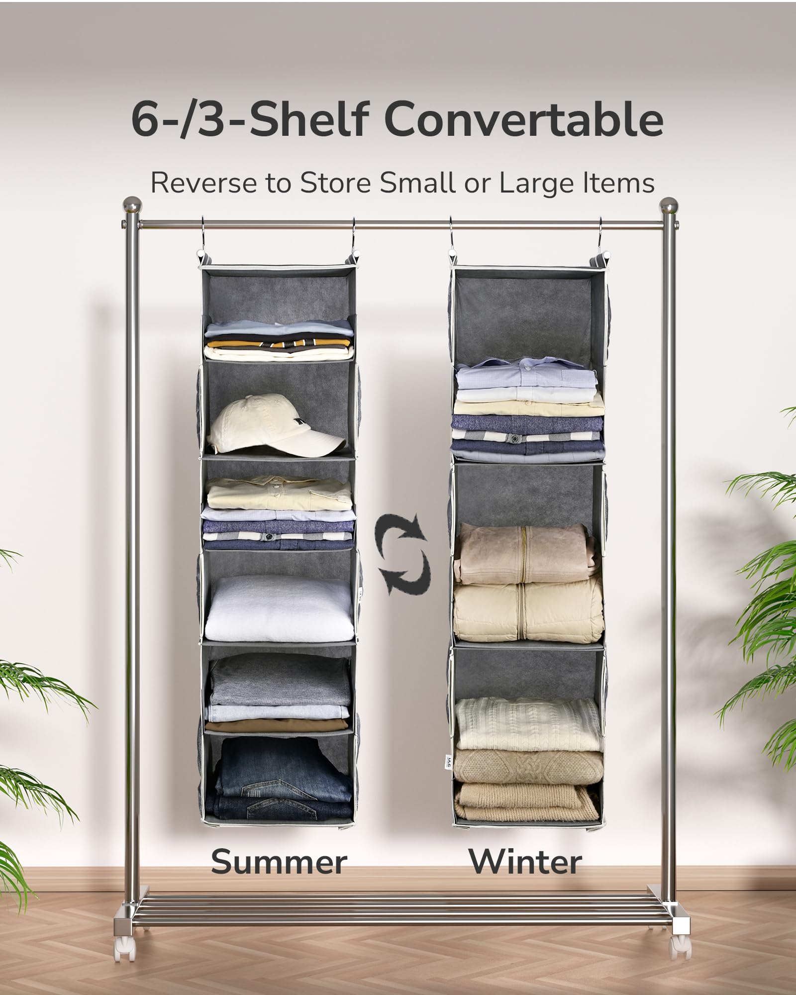 ULG 1 PC Hanging Closet Organizer, 3-in-1 to 6-in-1 Reversible Closet Hanging Shelves with 6 Side Pockets for Wardrobe Clothes Sweater Storage, Foldable, Dark Gray