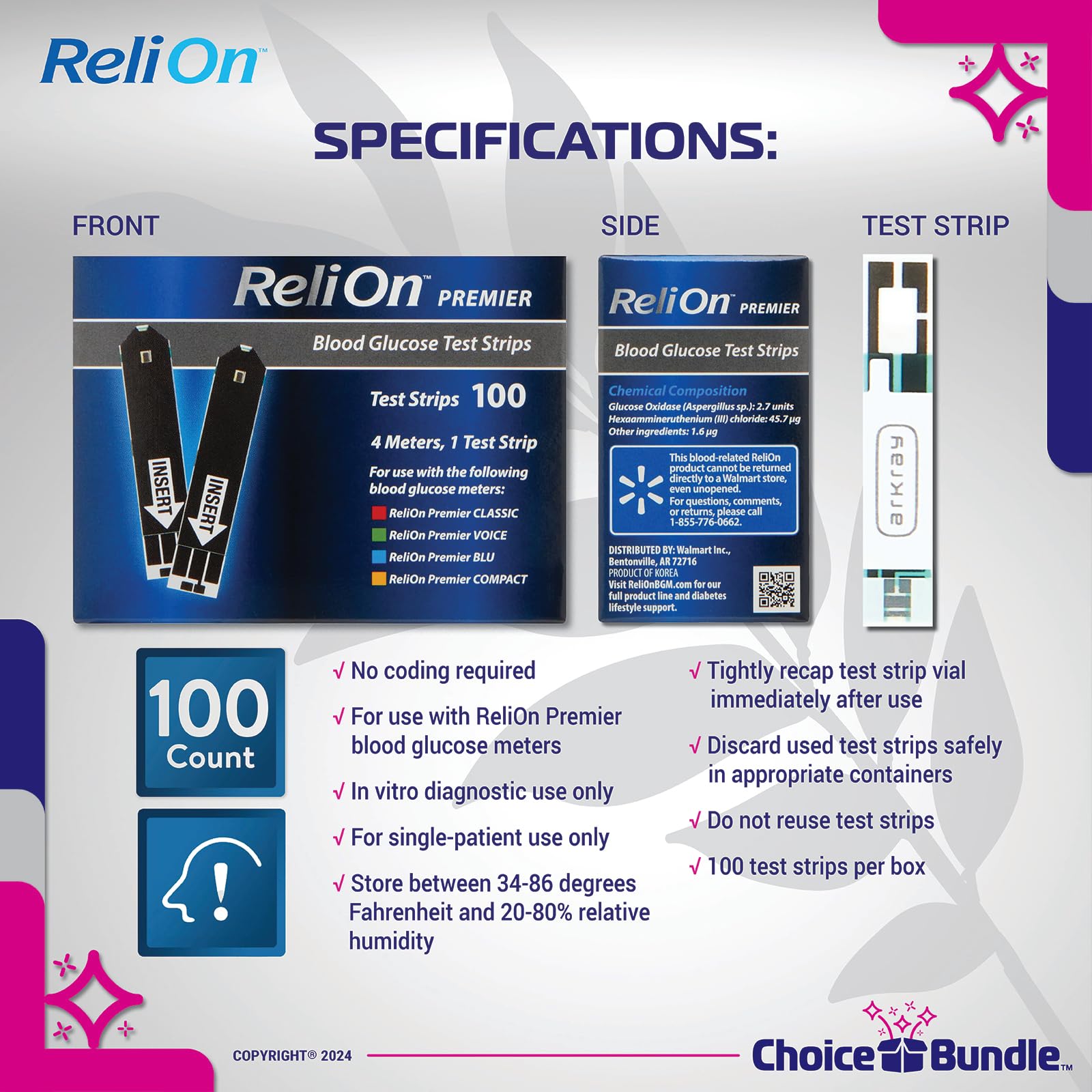 ReliOn Reli On Premier Blood Glucose Test Strips 100 Ct Choice Bundle | Includes Food for Life Guide & Portable Pill Container (3 Items)!