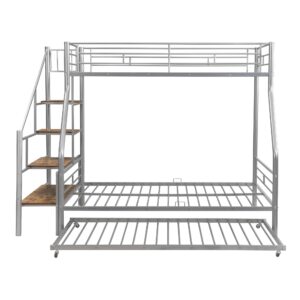 Bellemave Twin Over Full Metal Bunk Beds with Trundle and Storage Staircase,Heavy-Duty Metal Bunk Bed Frame for Kids,Teens,Adults，Space-Saving,Silver