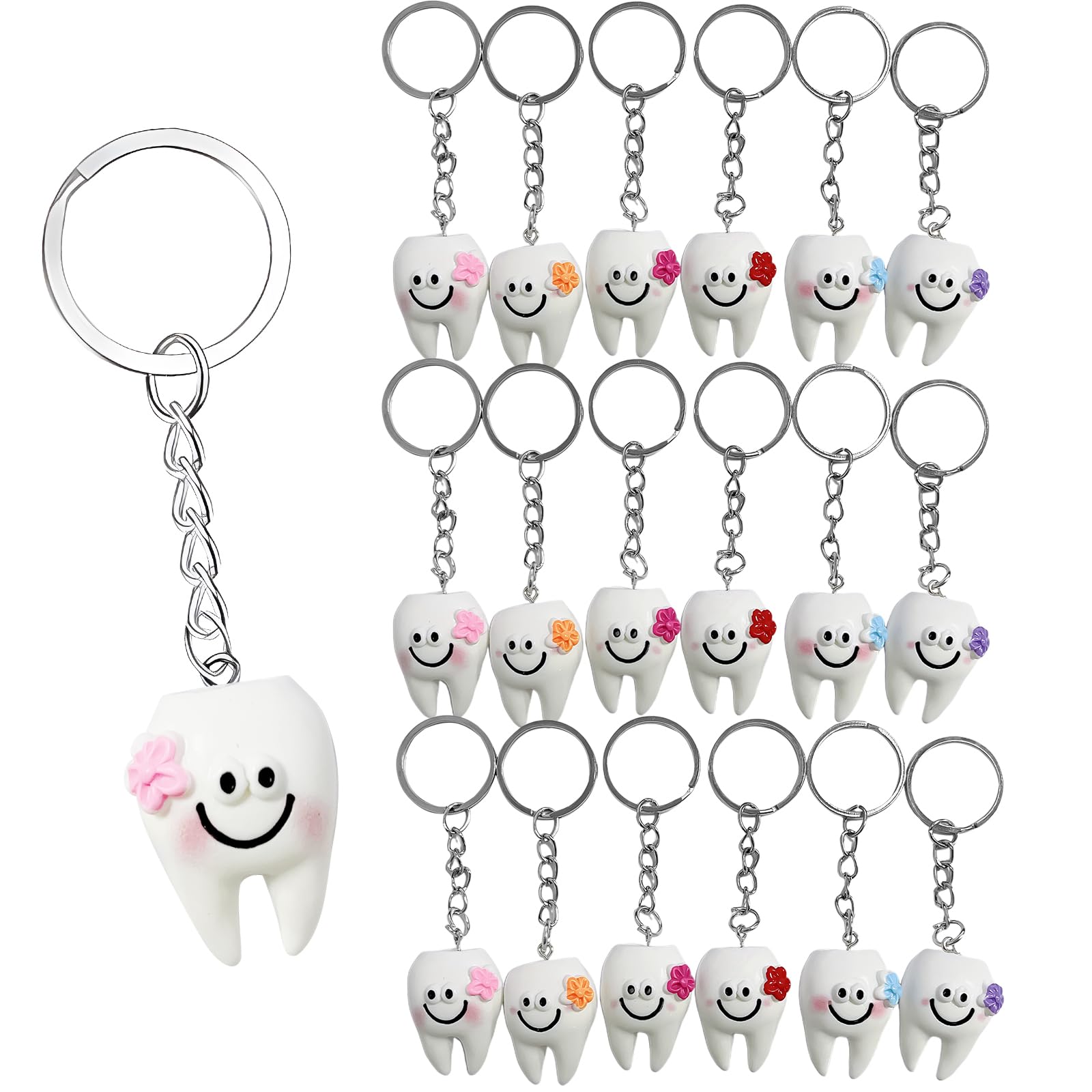 18 Pack Tooth-Shaped Resin Keychains, Dental Key Rings Handbag Pendants Gifts for Dentist, Dental Patients, Birthday Graduation Gifts for New Dentists, Basket Stuffers Party Favors