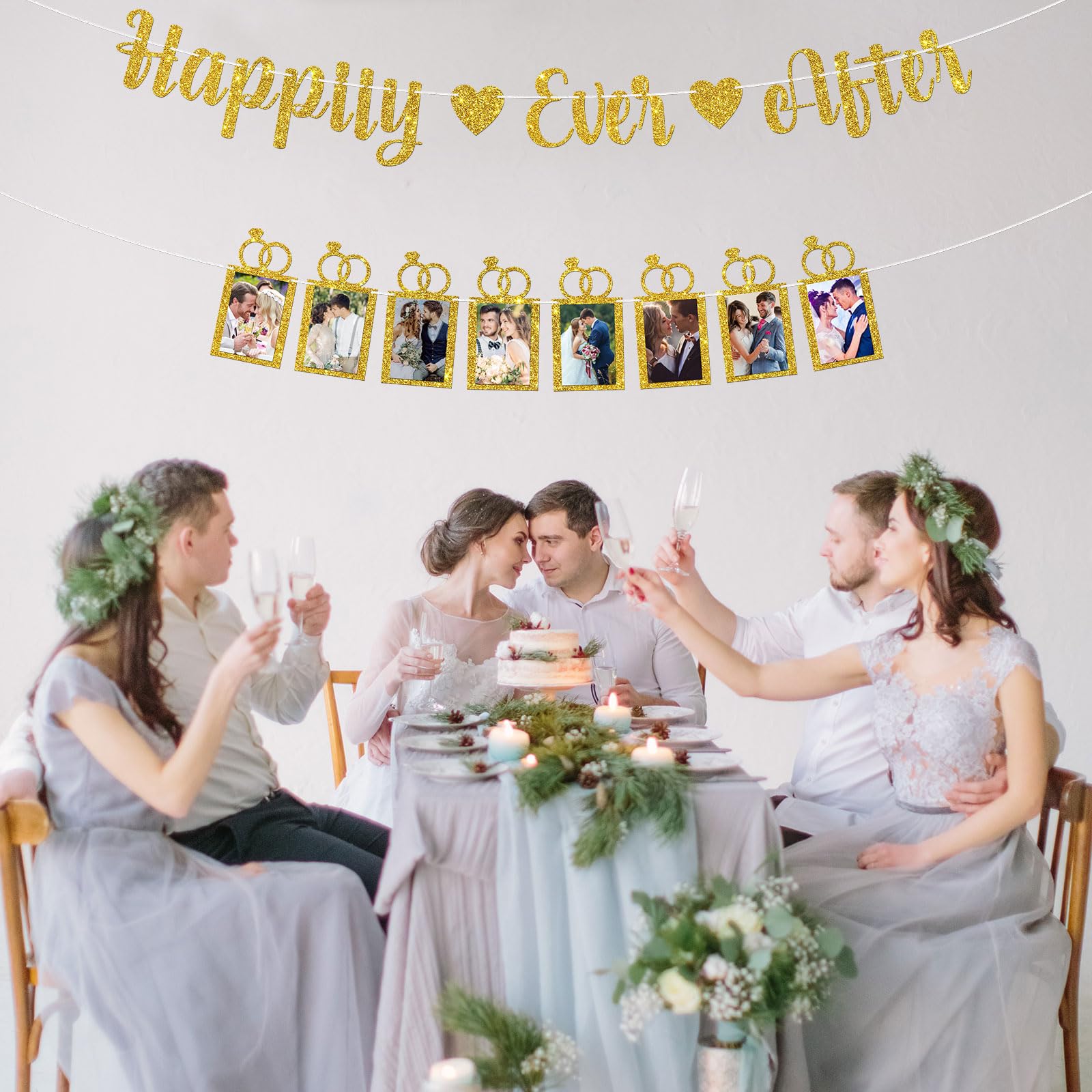 WeBenison Happily Ever After Photo Banner Wedding Decor Banner with Photo Frame Bridal Shower Bunting Decorations Bachelorette Party Picture Banner Gold Glitter