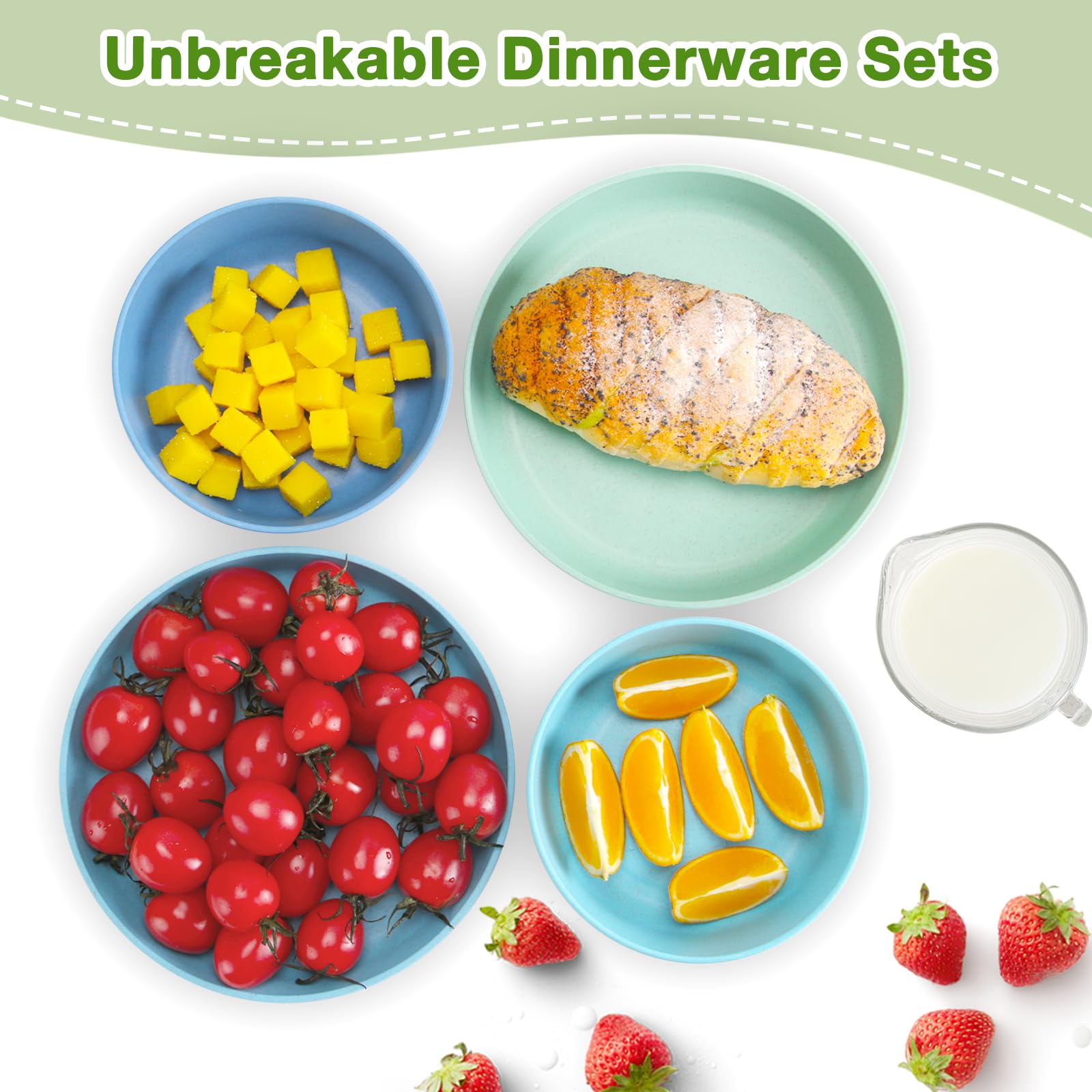 Mfacoy Wheat Straw Kids Plates and Bowls Set, Unbreakable Kids Dinnerware Set - 4 Pcs 7.75" Dinner Plates & 4 Pcs 18 oz Cereal Bowls, BPA Free, Microwave & Dishwasher Safe, Reusable Childrens Dishes