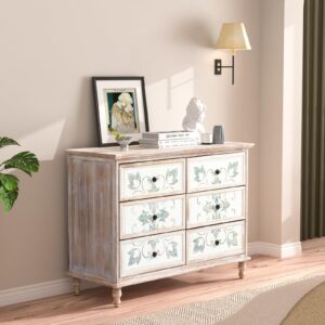 VINGLI 6 Drawer Dresser, Boho Dresser with Carved Flower Pattern Drawers & Solid Wood Leg, Washed White Dresser Chest of Drawers