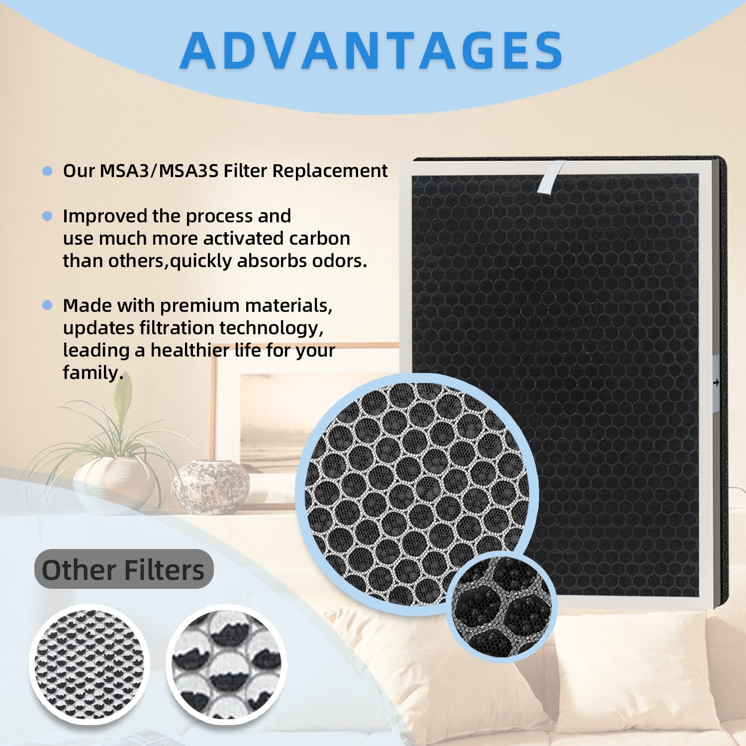 2 Pack MSA3 MSA3S Replacement Filter Compatible with Membrane Solutions MSA3 and MSA3S Air Purifier,True HEPA Air Purifier Replacement Filters