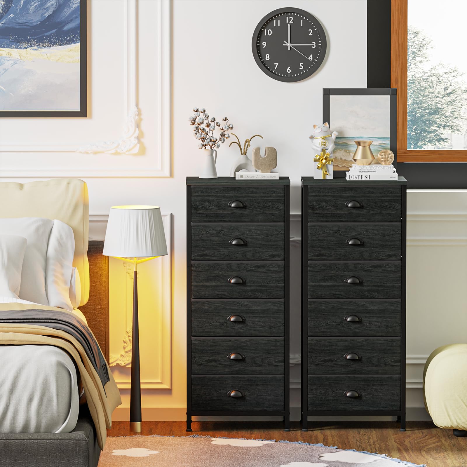 Furnulem Dresser for Bedroom with 5 Fabric Drawers, Vertical Chest of Drawers and Nightstand for Bedroom, Black Furniture with Fabric Drawer Organizer Unit in Living Room,Closet,Entryway,Hallyway