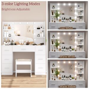 Irontar Vanity Table with Stool, Vanity Desk with 10 LED Lights & 7 Metal Sliding Drawers, Brightness Adjustable, Makeup Vanity with Open Shelves, Dressing Table Set for Women, White WDT005WD