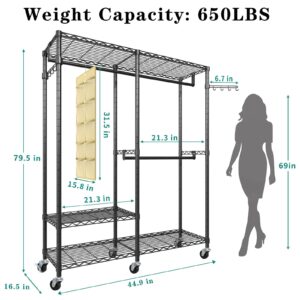 Exglobol Rolling Clothes Rack, Heavy Duty Garment Rack for Hanging Clothes, Wire Adjustable Rolling Clothing Rack with Lockable Wheels & 2 Hanger Rods