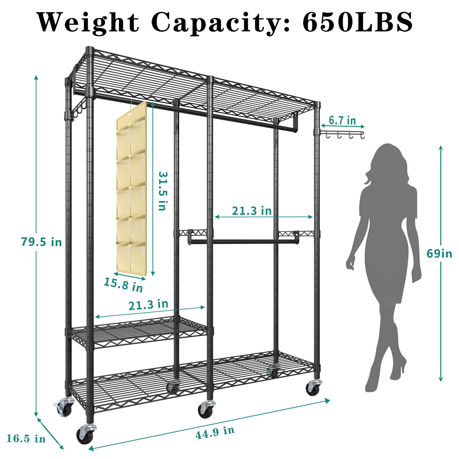 Exglobol Rolling Clothes Rack, Heavy Duty Garment Rack for Hanging Clothes, Wire Adjustable Rolling Clothing Rack with Lockable Wheels & 2 Hanger Rods