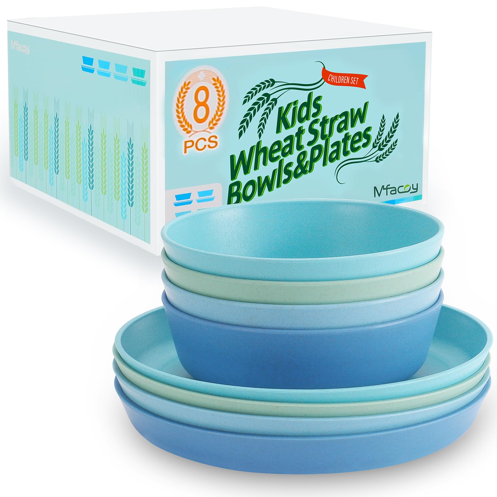 Mfacoy Wheat Straw Kids Plates and Bowls Set, Unbreakable Kids Dinnerware Set - 4 Pcs 7.75" Dinner Plates & 4 Pcs 18 oz Cereal Bowls, BPA Free, Microwave & Dishwasher Safe, Reusable Childrens Dishes