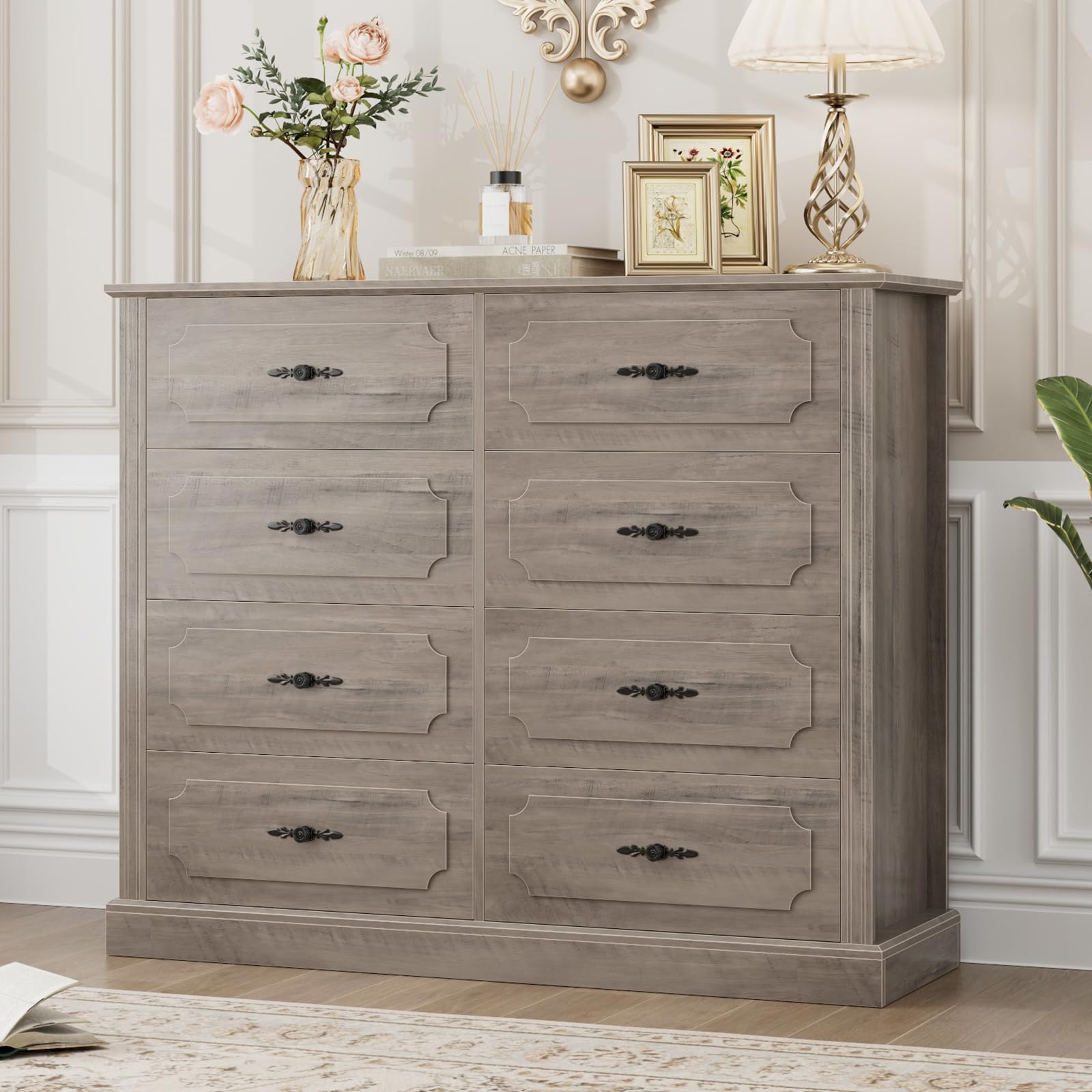 FINETONES Grey Dresser Chest of Drawers, 47.2” Farmhouse Dresser Wood Dresser 8 Drawer Dresser with Steel Handles, Modern Dresser Drawers Floor Storage Cabinet for Living Room Hallway Office