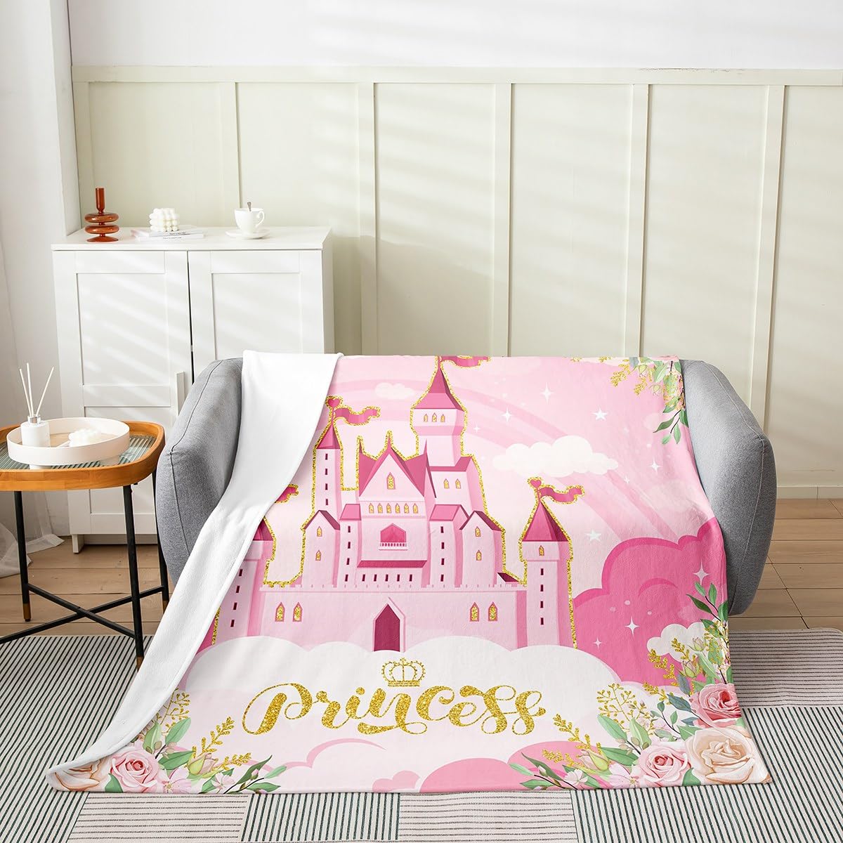 Princess Theme Blanket for Kids,Pink Castle Dreamy Fleece Throw Blanket for Girls Bedroom Sofa Dorm Decor,Flowers Garden Fairy Tale Fuzzy Lightweight Bed Blanket,Baby (30" x 40")