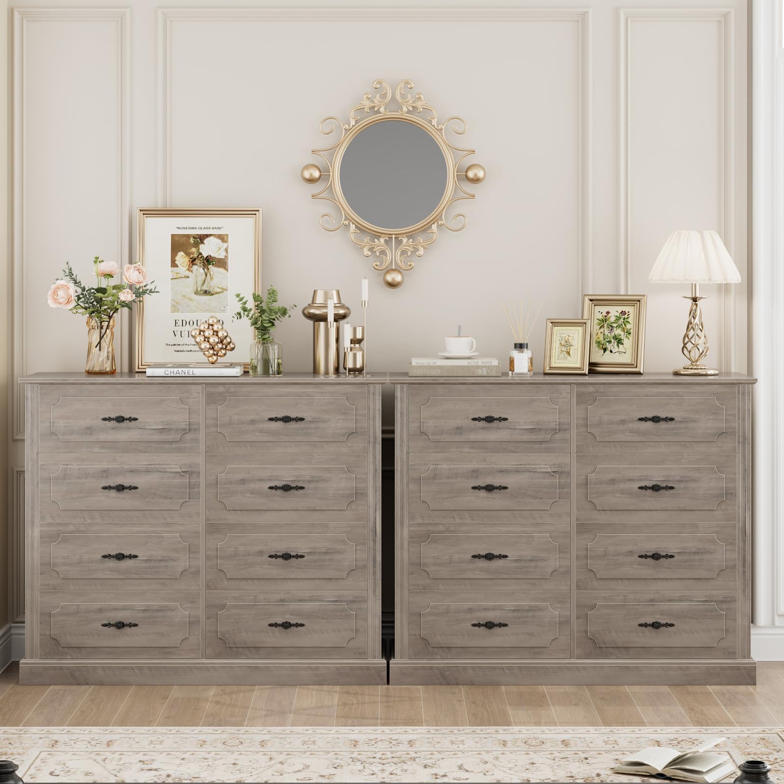 FINETONES Grey Dresser Chest of Drawers, 47.2” Farmhouse Dresser Wood Dresser 8 Drawer Dresser with Steel Handles, Modern Dresser Drawers Floor Storage Cabinet for Living Room Hallway Office