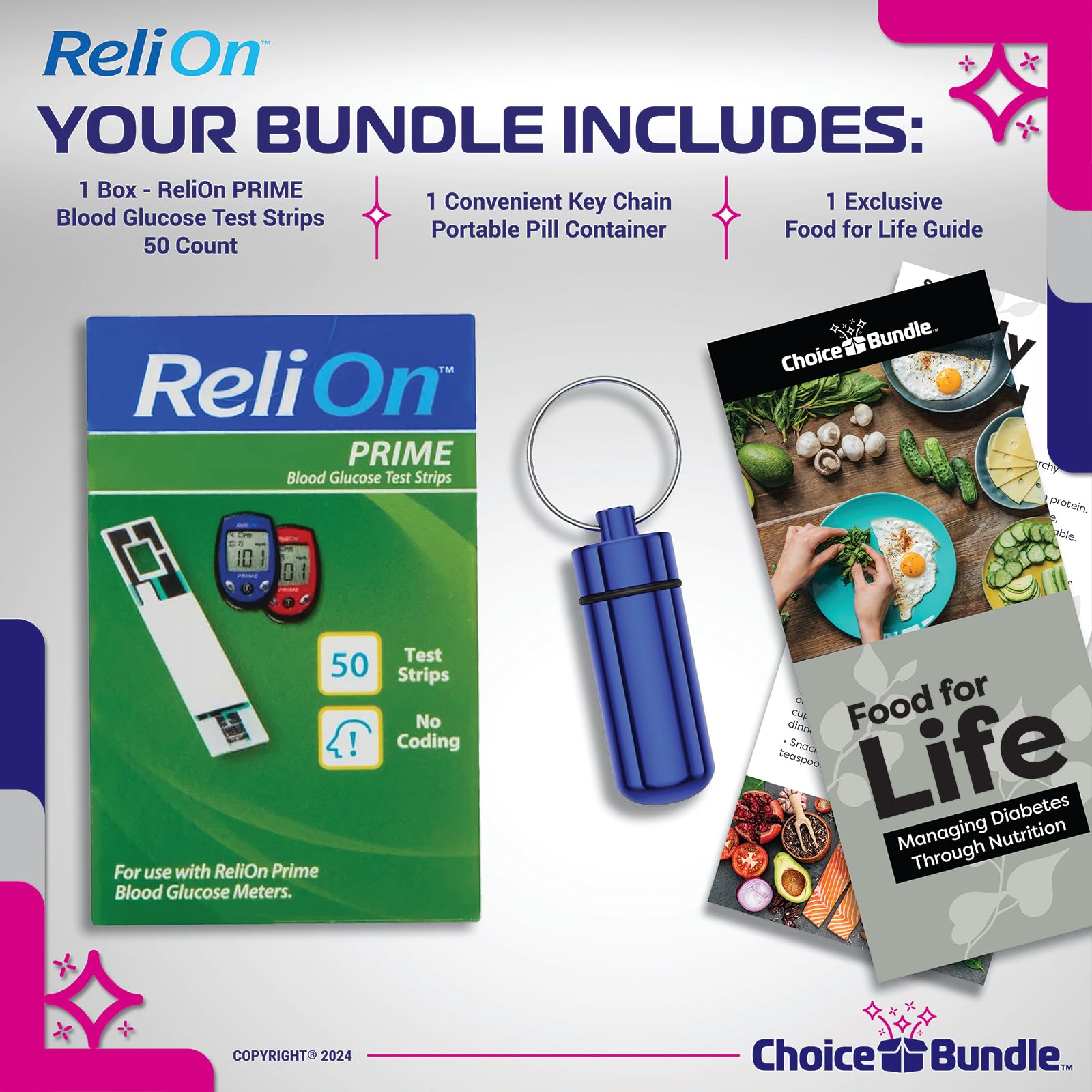 ReliOn Reli On Prime Blood Glucose Test Strips, 50 Ct Choice Bundle I Includes Food for Life Guide & Portable Pill Container (3 Items)!