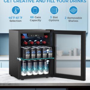 Joy Pebble Beverage Refrigerator and Cooler,1.7 Cu.ft,68 Can Mini Fridge Clear Glass Door for Wine Soda Beer,16 Bottle Wine Cooler with Touch Screen Adjustable Shelves for Home Bar Office,Black