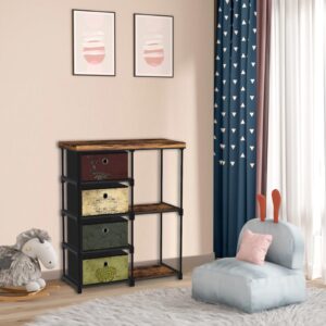 VASICAR Small Fabric Dresser with 2-Tier Side Shelf, 4 Drawers Storage Drawer Units for Bedroom, Storage Cabinet, Beside Sofa Table for Hallway Entryway