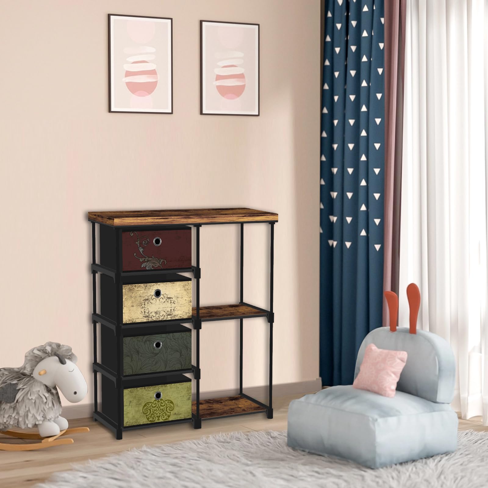 VASICAR Small Fabric Dresser with 2-Tier Side Shelf, 4 Drawers Storage Drawer Units for Bedroom, Storage Cabinet, Beside Sofa Table for Hallway Entryway