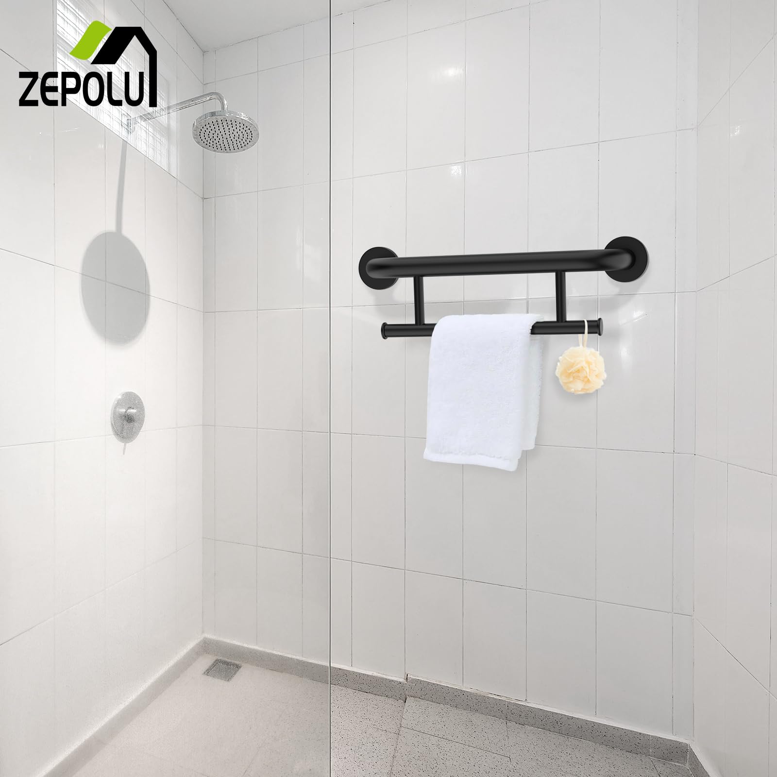 Black Grab Bar Towel Rack Combo, Zepolu Handicap Towel Bar for Bathroom, Stainless Steel Safety Assist Bar Balanced Support Handle 17 Inch, Wall Mounted Towel Grab Bars for Senior Elderly Disabled