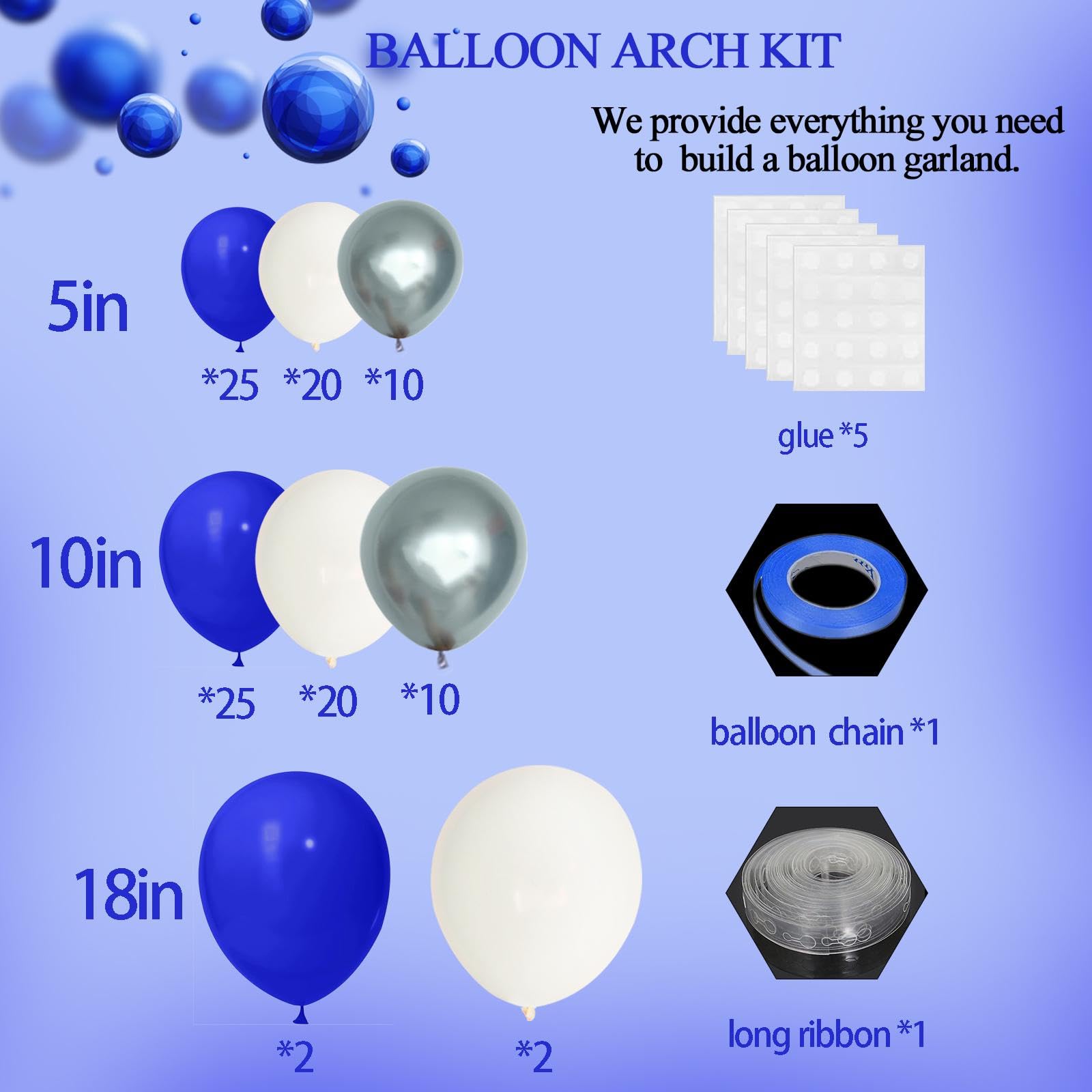 INFLORAL Winter Christmas Wonderland Party Royal Blue Silver and White Balloon Arch Kit Latex Balloon Garland Kit for Birthday Baby Shower Father's Day Graduation Party and Theme Party