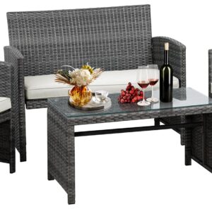 JAMFLY 4 Piece Patio Furniture Set, Outdoor Furniture Set Patio Wicker Conversation Set with Cushions and Tempered Glass Tabletop for Lawn Backyard Pool Garden