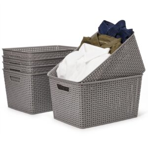 EZOWare 18 Quarts Woven Plastic Storage Basket Bin Set, Large Organizer Knit Tote Box - Set of 6, Gray