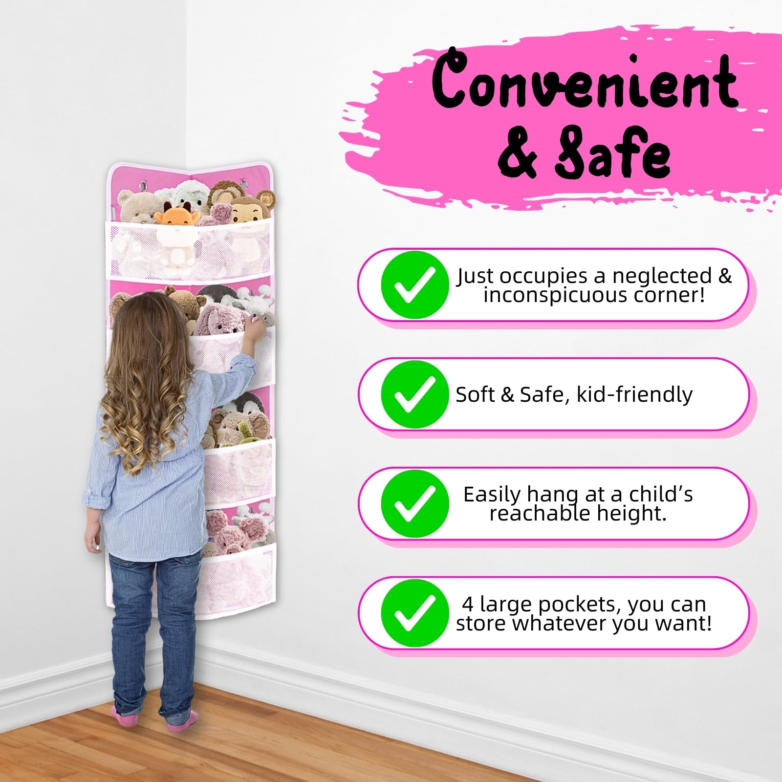 Soft Corner Shelf | Safe Hanging Organizer | Child-Friendly Wall Mount Storage | for Sundries, Toys, Stuffed Animals, Diapers | for Pantry Closet Bedroom Nursery Organization Pink