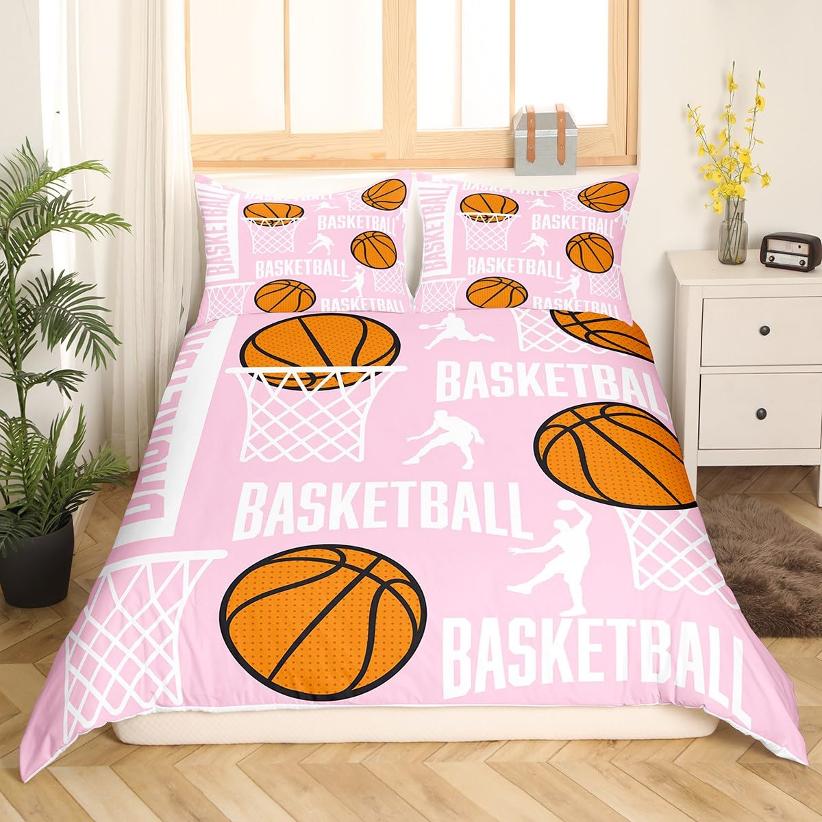 Feelyou Basketball Bedding Set Queen Basketball Lover Comforter Cover Set for Kids Teens Adults Pink Duvet Cover Sport Bedspread Cover Room Decor 3Pcs with 2 Pillow Case