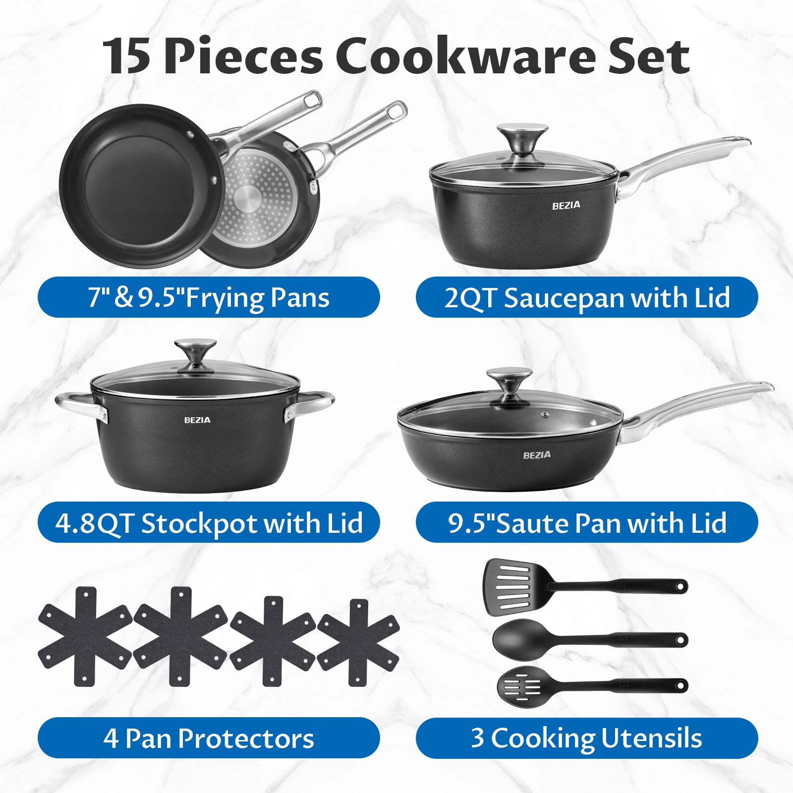 BEZIA Induction Cookware Set 15-Piece, Pots and Pans Set Non Stick with Ceramic Coating, Induction Pots Set with Stainless Steel Handles ＆ Lids, Oven Safe, Compatible with All Stoves