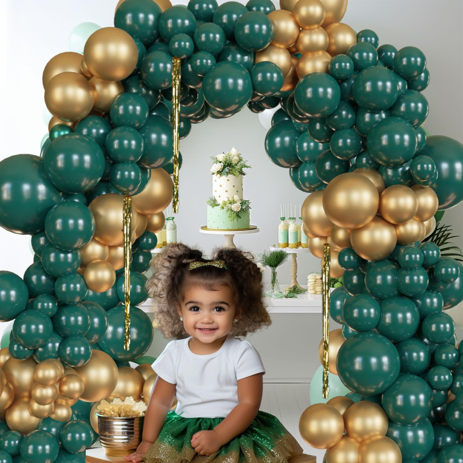 126Pcs Emerald Green and Gold Balloon Foil Tassel Green Golden Balloons Garlands Set for Elegant Baby Showers, Birthdays, Weddings Decoration Safari, Enchanted Forest Party New Year Graduation Kit