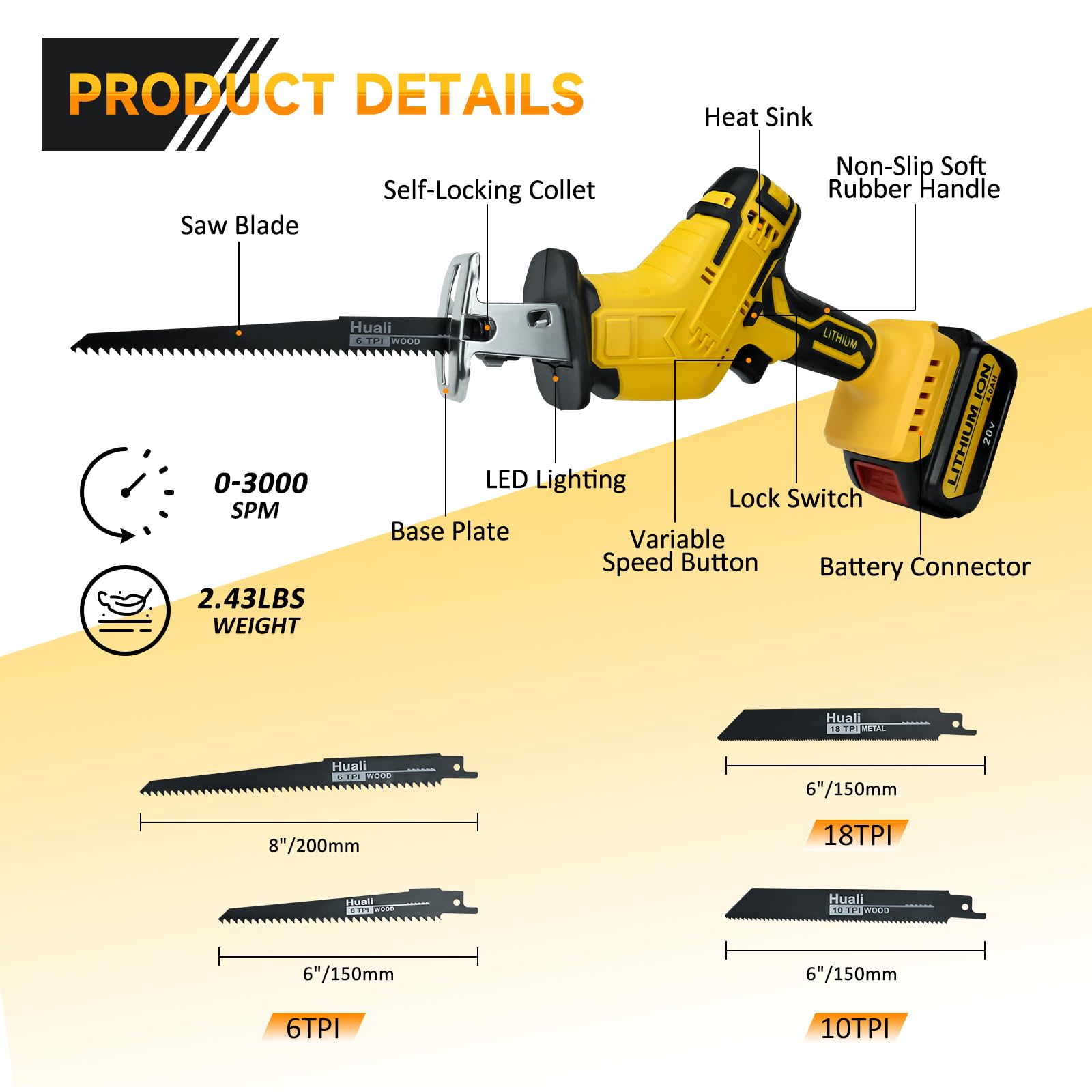 Cordless Reciprocating Saw for DeWalt 20V MAX Battery, 0-3000 SPM Variable Speed Trigger, Tool-free Blade Change, Power Recipro Saw with 4 Saw Blades for Wood & Metal, Trees, PVC Cutting（No Battery）