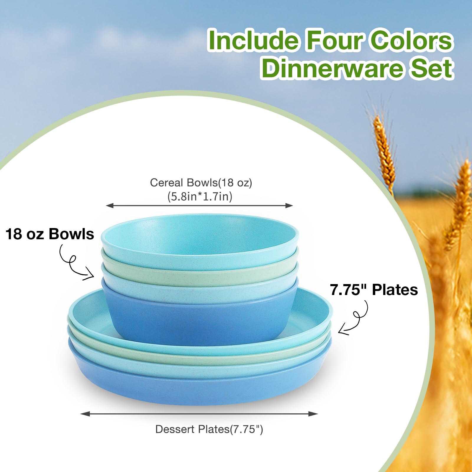 Mfacoy Wheat Straw Kids Plates and Bowls Set, Unbreakable Kids Dinnerware Set - 4 Pcs 7.75" Dinner Plates & 4 Pcs 18 oz Cereal Bowls, BPA Free, Microwave & Dishwasher Safe, Reusable Childrens Dishes