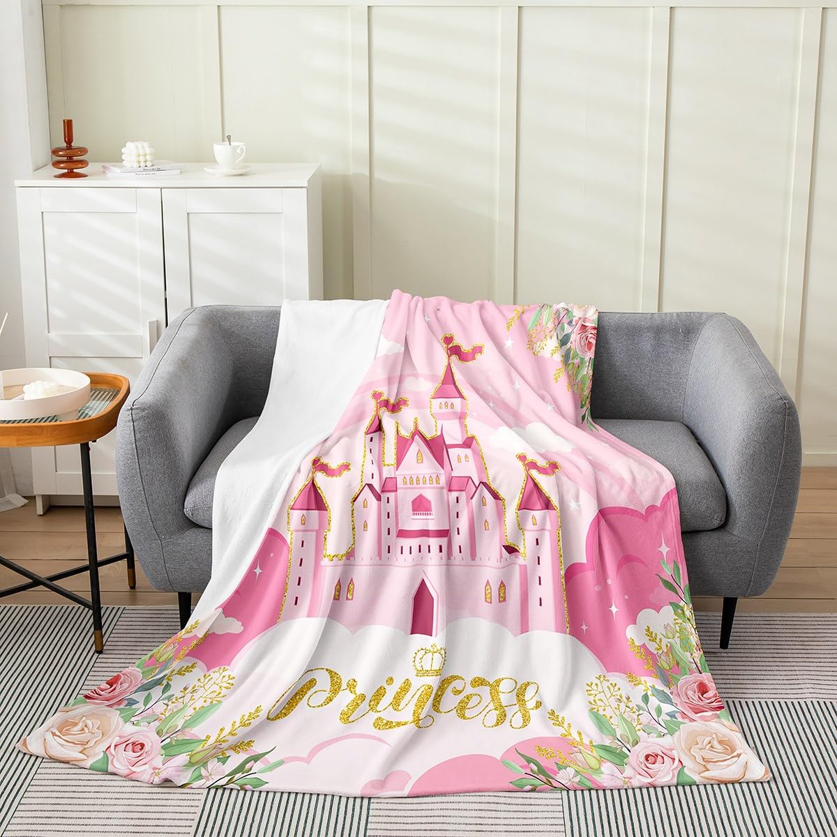 Princess Theme Blanket for Kids,Pink Castle Dreamy Fleece Throw Blanket for Girls Bedroom Sofa Dorm Decor,Flowers Garden Fairy Tale Fuzzy Lightweight Bed Blanket,Baby (30" x 40")