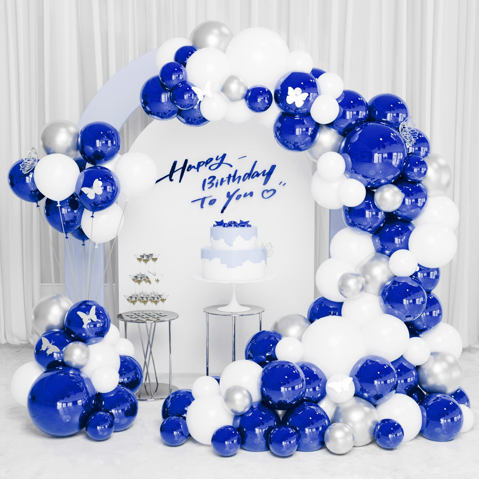 INFLORAL Winter Christmas Wonderland Party Royal Blue Silver and White Balloon Arch Kit Latex Balloon Garland Kit for Birthday Baby Shower Father's Day Graduation Party and Theme Party