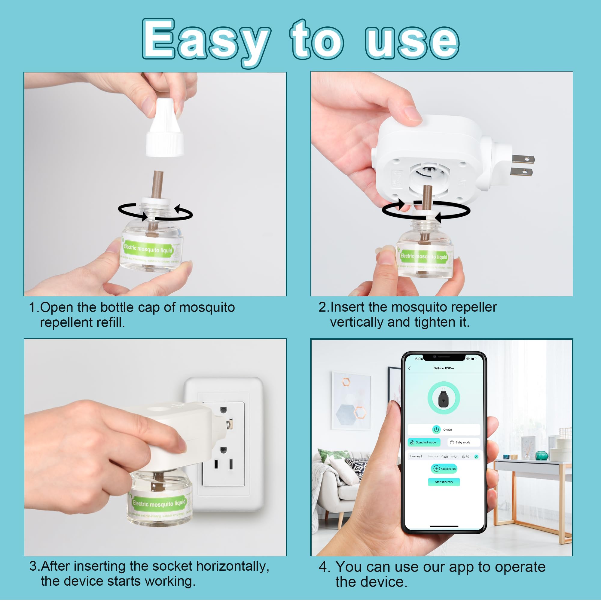 Moskiller Mosquito Repeller, Bluetooth APP Control Electronic Mosquito Repellent Plug in, Include 1 Pack 280 Hr Repellent Refills for Home, Bedroom, Office, Kitchen