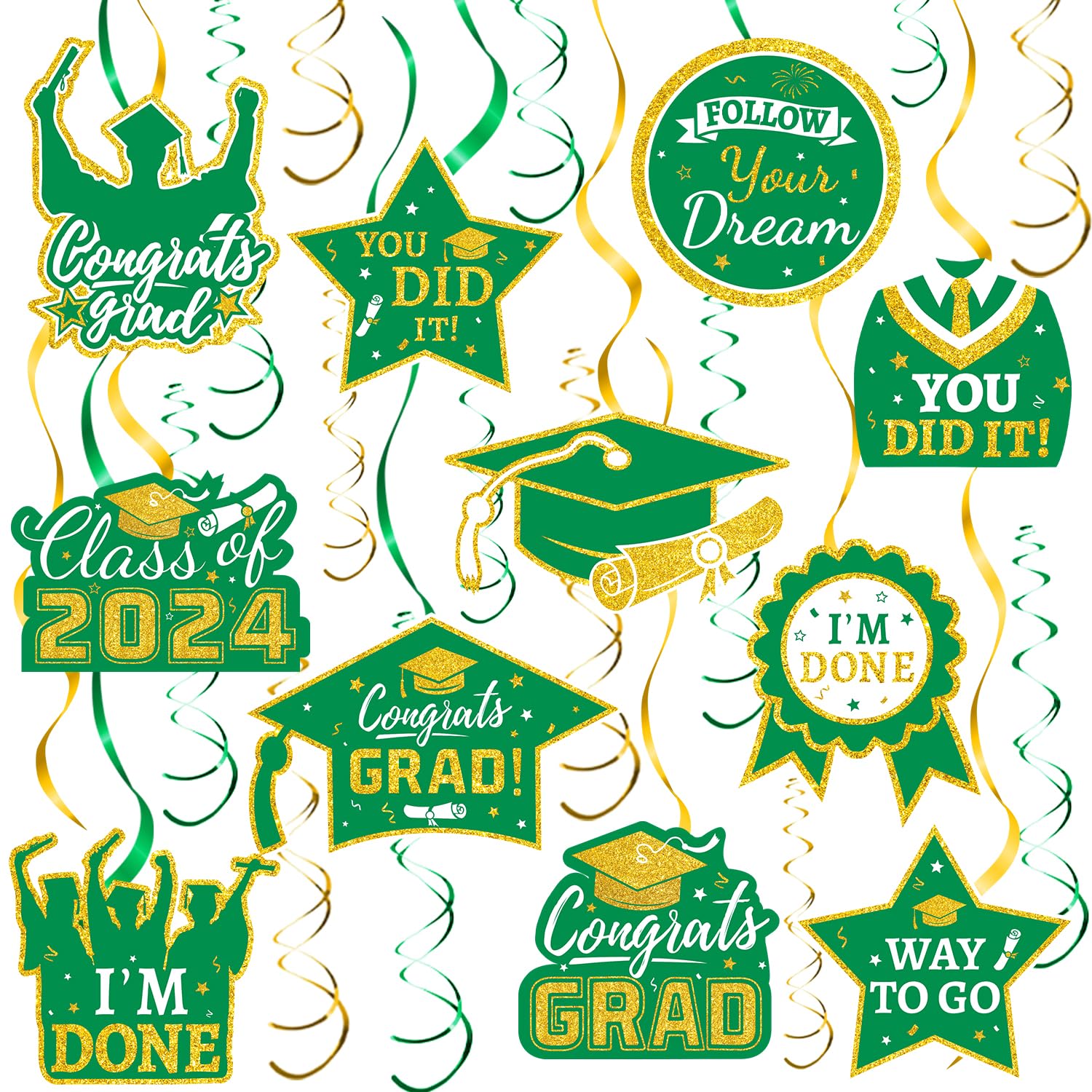 54 Pieces Graduation Decorations Class of 2024, Graduation Hanging Swirl for Congrats Grad Party Decorations Green and Gold Graduation Party Supplies