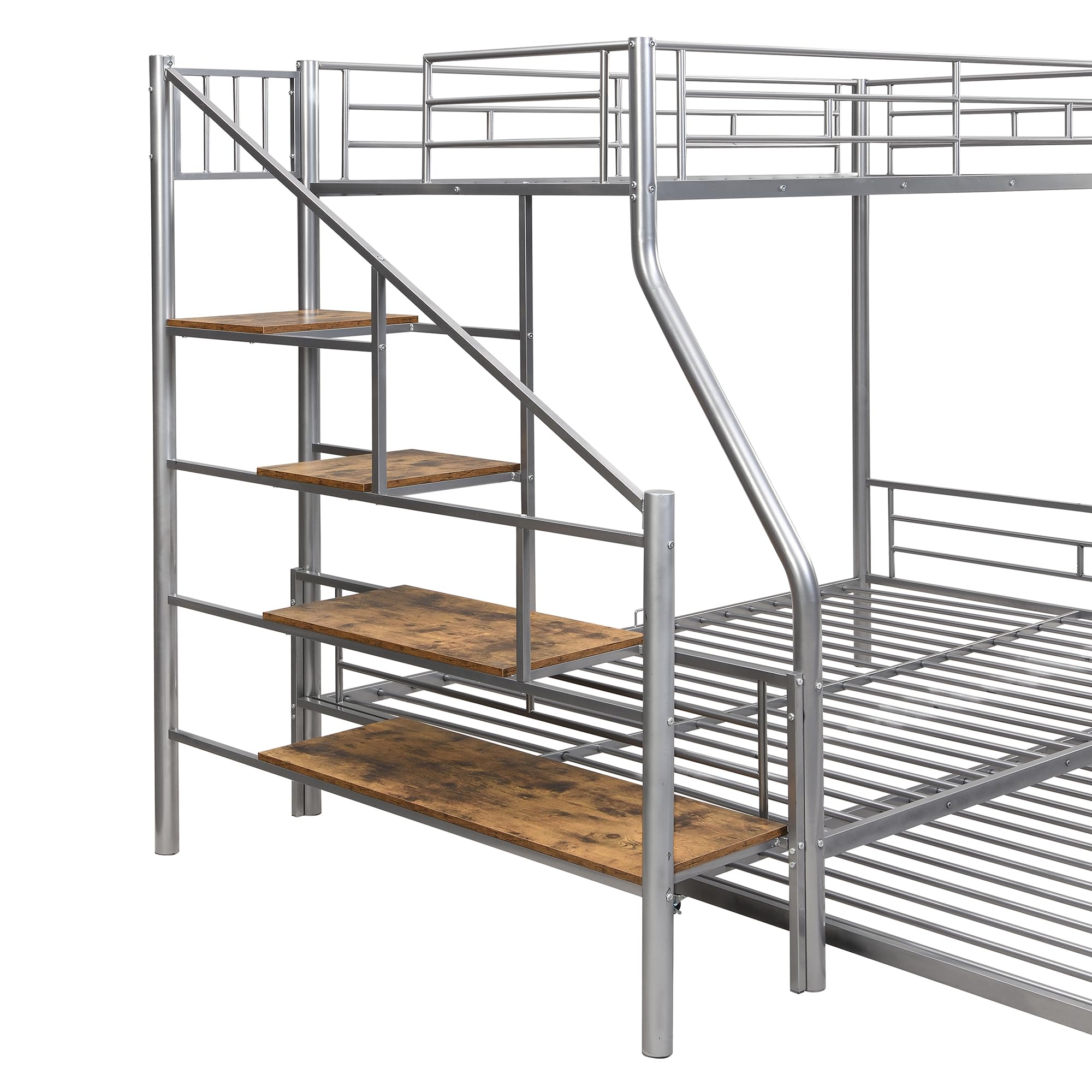 Bellemave Twin Over Full Metal Bunk Beds with Trundle and Storage Staircase,Heavy-Duty Metal Bunk Bed Frame for Kids,Teens,Adults，Space-Saving,Silver