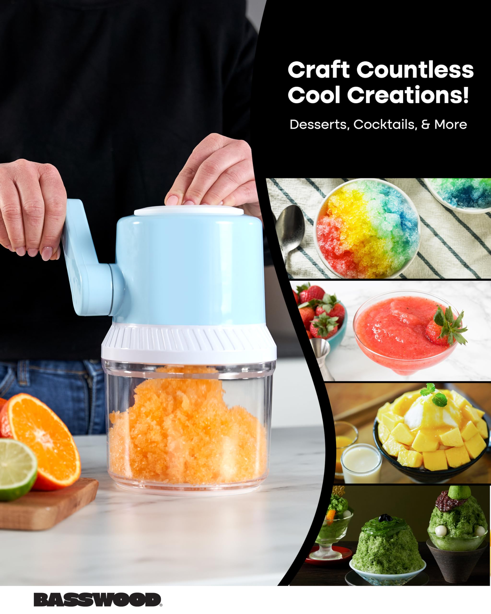 Manual Ice Shaver - Snow Cone Machine with Ice Cube Tray, Stainless Steel Blades, & Large Container - Portable Crushed Ice Machine for Home - Shaved Ice Maker Kit for Kids Snowcones, Slushies & More