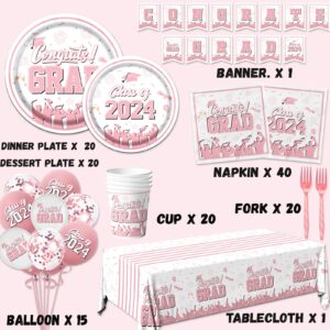 Graduation Party Supplies, 2024 Graduation Party Dinnerware Set, Congrats Grad Plates Napkins Cups Tablecloth Banner Balloons for Class of 2024 Graduation Decorations Supplies (Rose Pink)