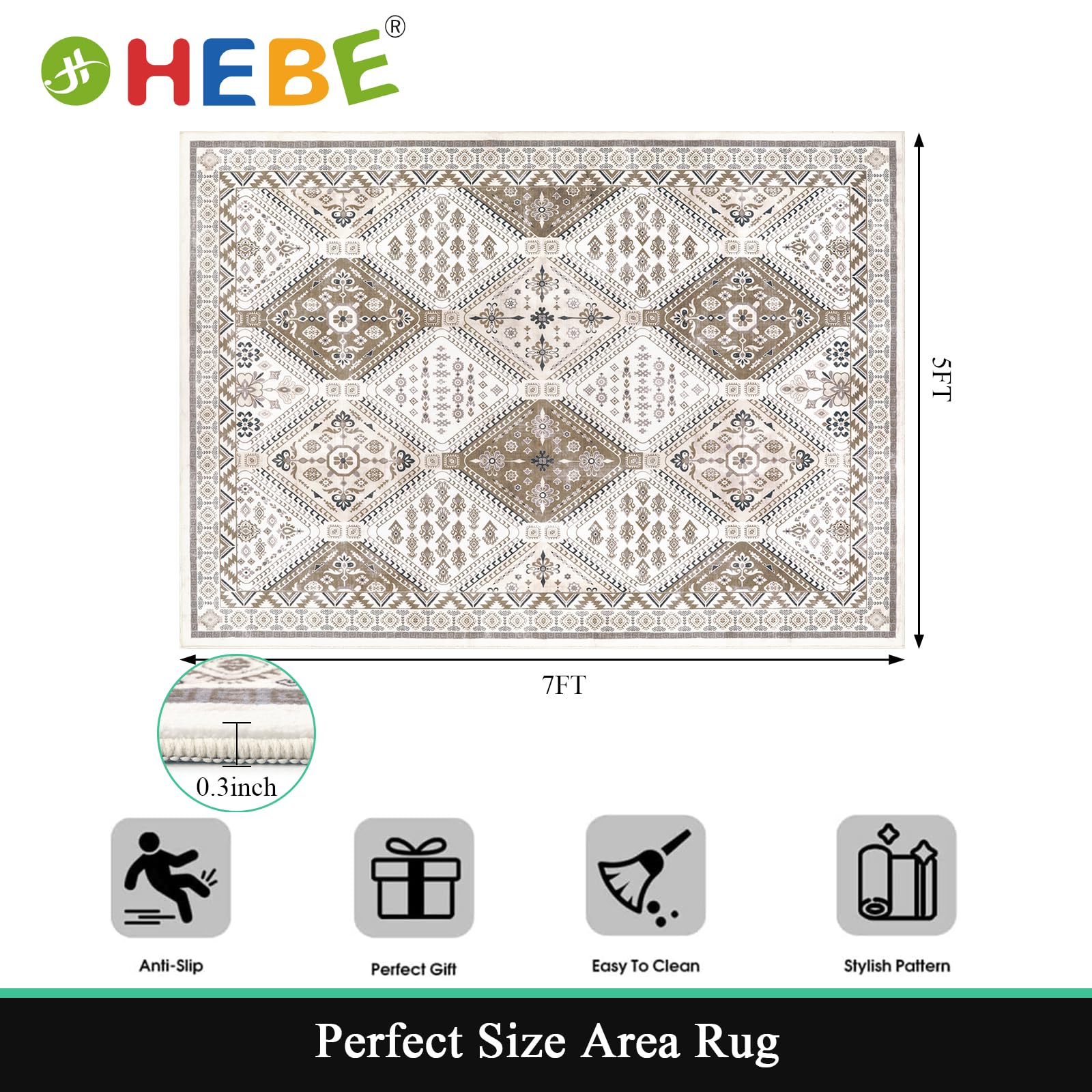 HEBE Washable Area Rug 5x7 Living Room Rug Large Rugs for Bedroom Soft Throw Rugs Non Slip Dining Room Mat Traditional Tiled Area Rugs Indoor Floor Carpet for Nursery Kids Room Entryway