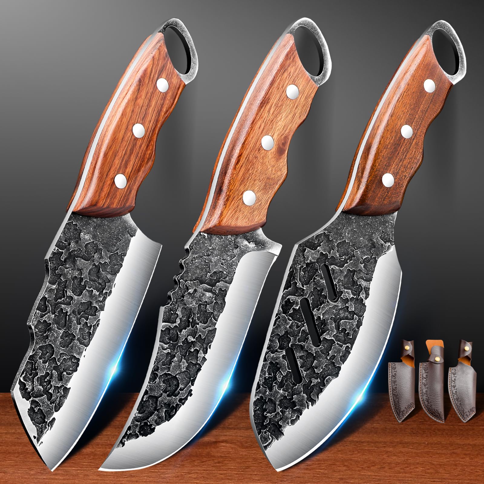 VARLEA 3 Piexcs Hand forged chef's knife kitchen knife set, with Solid Wood Handle & leather Knife Sheath. Suitable for Outdoor camping BBQ, Meat Cleaver Knife,Kitchen tool,