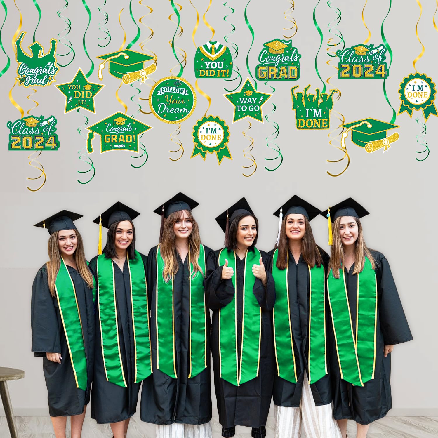 54 Pieces Graduation Decorations Class of 2024, Graduation Hanging Swirl for Congrats Grad Party Decorations Green and Gold Graduation Party Supplies