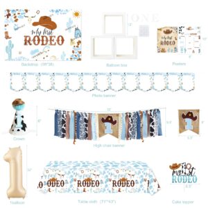 YJDFWAUT Cowboy 1st Birthday Party Decorations, My First Rodeo Birthday Party Supplies, Cowboy 1st Birthday Balloon Arch Balloon Box Photo Banner Highchair Banner Crown foy Baby Boy 1st Birthday