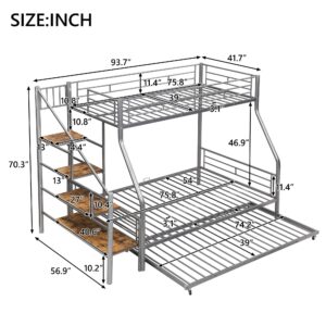 Bellemave Twin Over Full Metal Bunk Beds with Trundle and Storage Staircase,Heavy-Duty Metal Bunk Bed Frame for Kids,Teens,Adults，Space-Saving,Silver