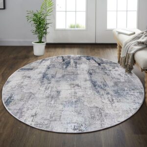 vivorug washable rug, ultra soft - 4' round rug, non slip abstract rug foldable, stain resistant rugs for living room bedroom, modern fuzzy rug (grey/navy, 4 round)