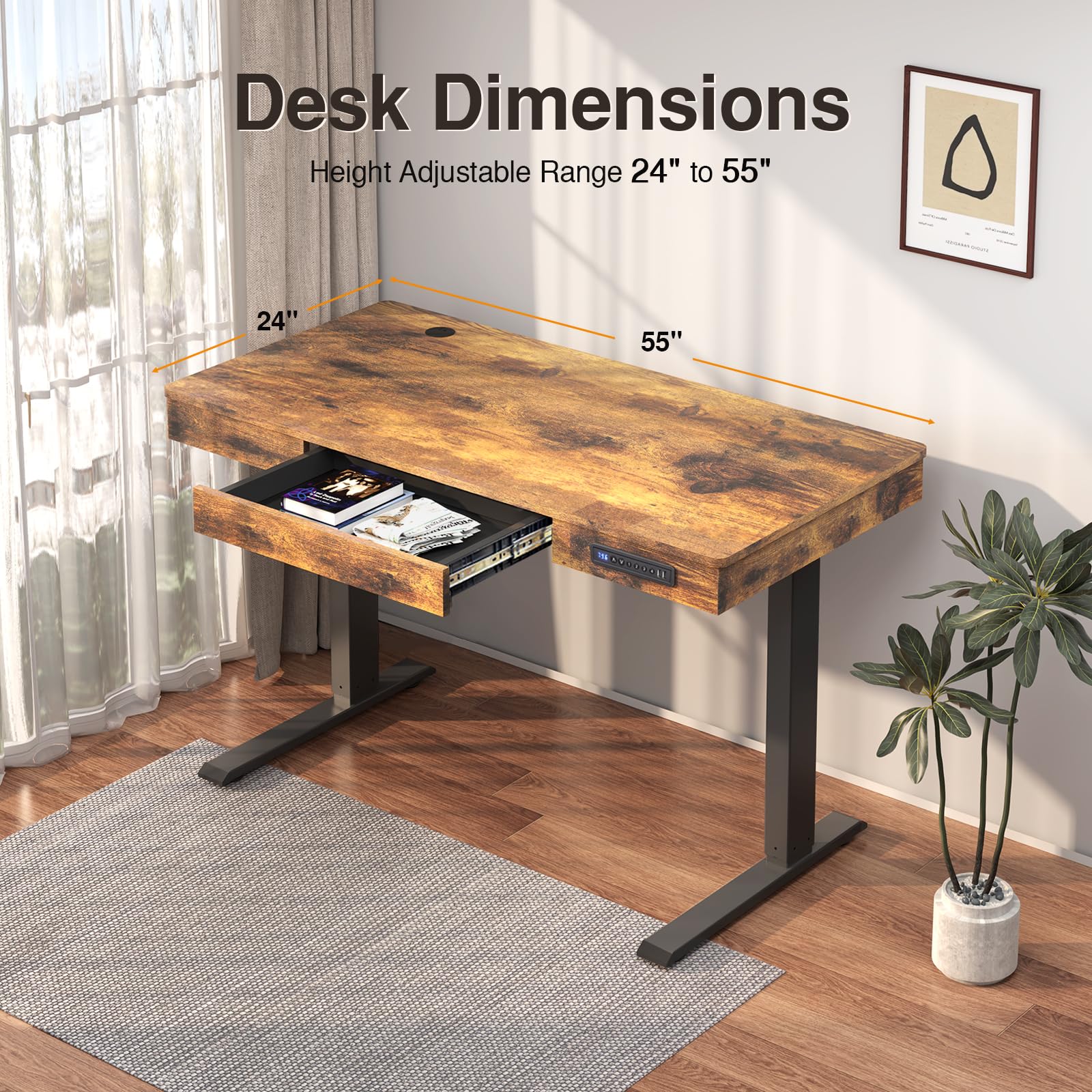 AIMEZO 55'' Standing Desk with Drawers Stand Up Electric Standing Desk Adjustable Height, Sit Stand Desk Computer Workstation with Storage, USB Charging, Computer Desk for Home Office,Rustic Brown